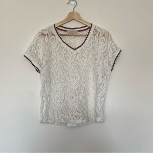 Cream Women’s Floral V-Neck Off-White Lace Shirt, Size Large, Casual, Boho Chic